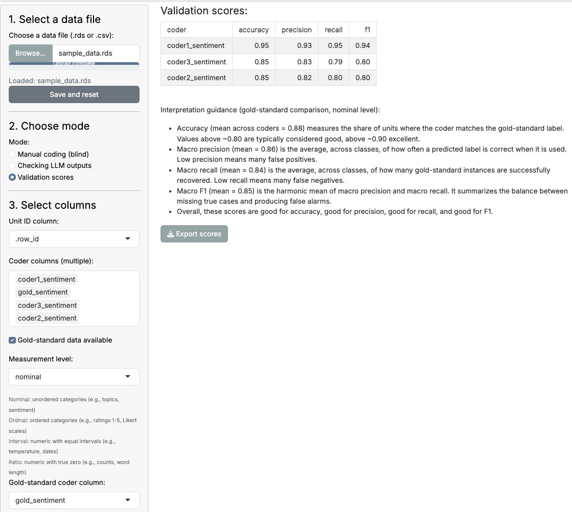 Screenshot displaying accuracy assessment metrics including precision, recall, F1-score, and Cohen’s kappa when validating against a gold standard