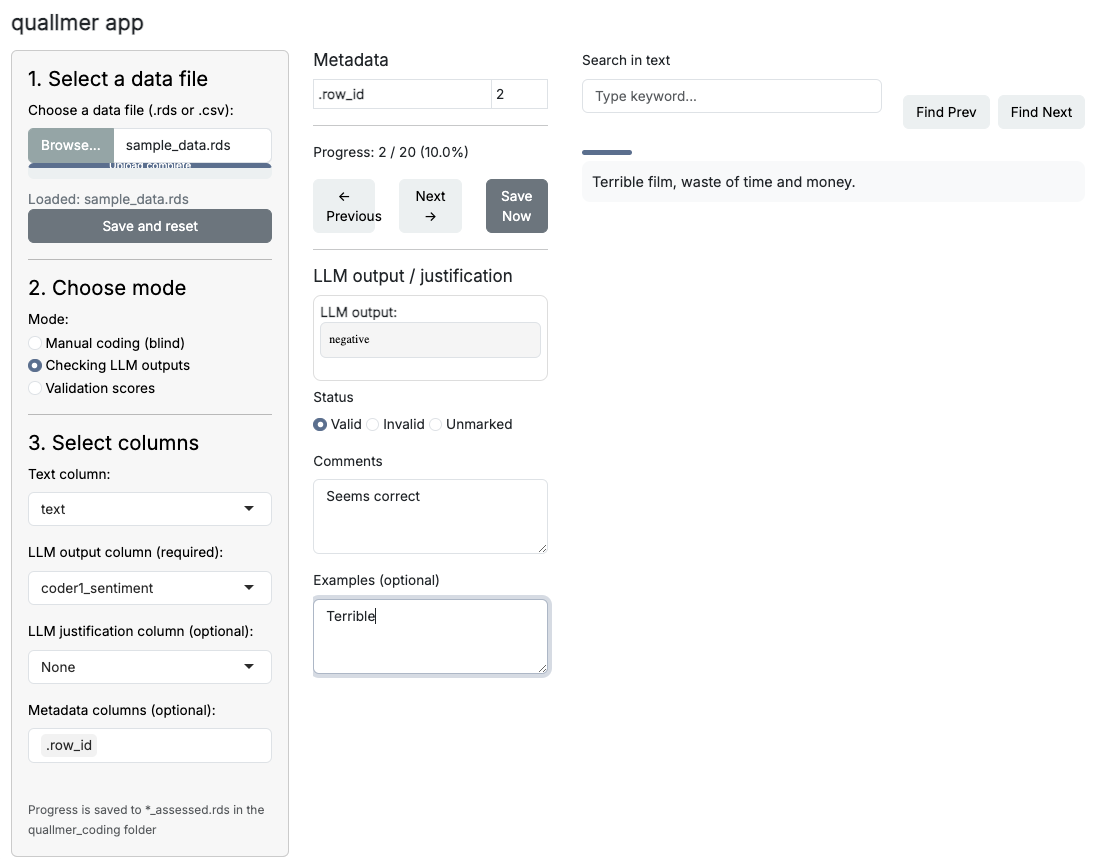 Screenshot of the quallmer app LLM annotation review interface displaying model-generated codes with justifications and validation options