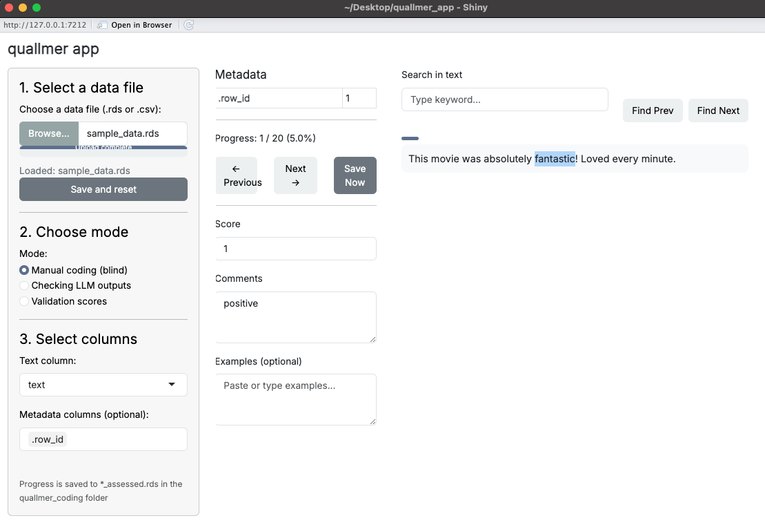 Screenshot of the quallmer app manual coding interface showing text items with fields for scores, comments, and example sentences